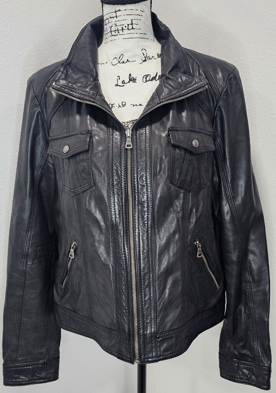Vintage Y2K Guess Leather Moto Zip Jacket Pockets Size XL